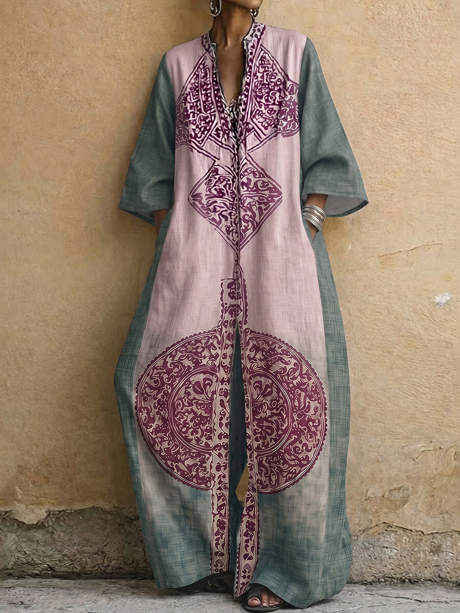 Loose Three-Quarter Sleeves Contrast Color Ethnic Printed Pockets V-Neck Jumpsuits