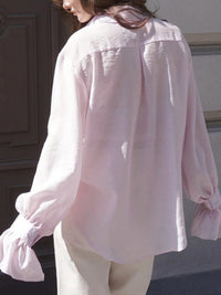 Pleated Solid Color Split-Joint Loose Puff Sleeves Lapel Blouses&shirts Tops