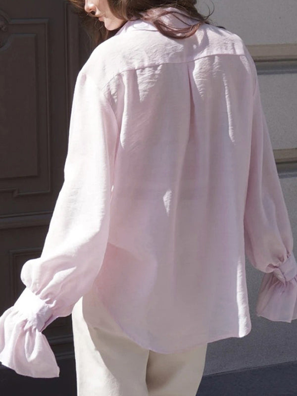 Pleated Solid Color Split-Joint Loose Puff Sleeves Lapel Blouses&shirts Tops