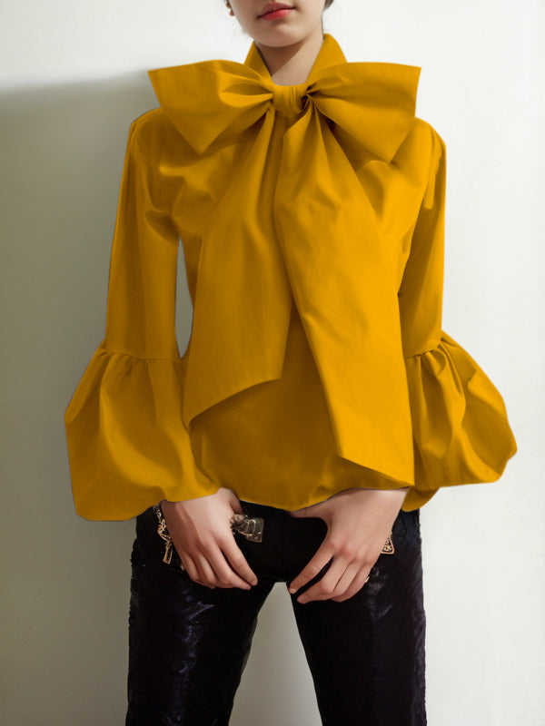Loose Puff Sleeves Bowknot Solid Color Split-Joint Stand Collar Blouses&Shirts Tops