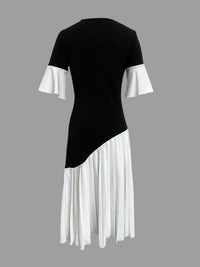 Flared Sleeves Half Sleeves Pleated Split-Joint Round-Neck Midi Dresses