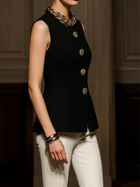 Sleeveless Buttoned Solid Color Round-Neck Vest Top