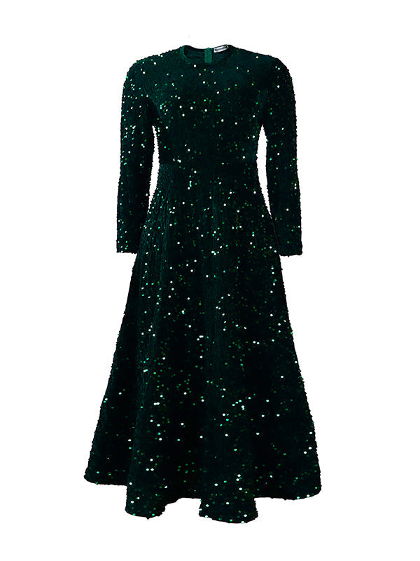 A-Line High Waisted Sequined Split-Joint Zipper Round-Neck Maxi Dresses