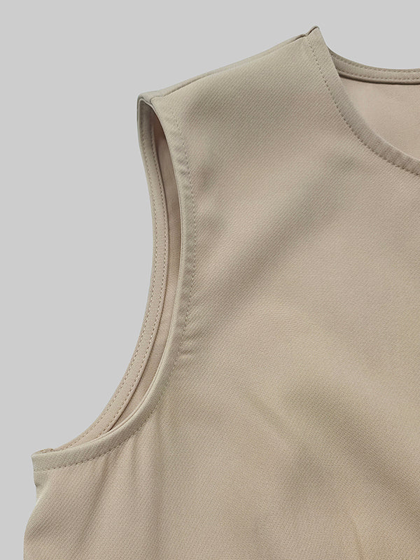 High Waisted Loose Pleated Solid Color Round-Neck Midi Dresses