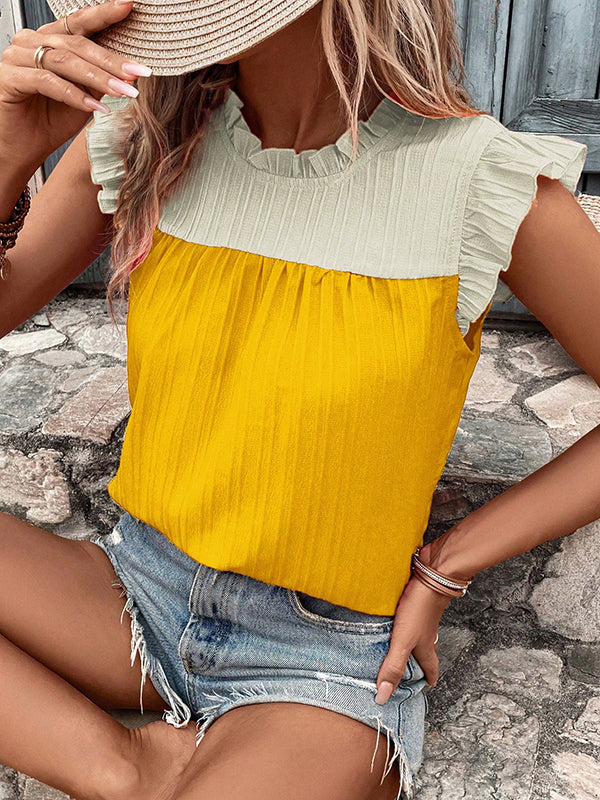 Flying Sleeves Loose Contrast Color Pleated Ruffled Split-Joint Round-neck Vest Top