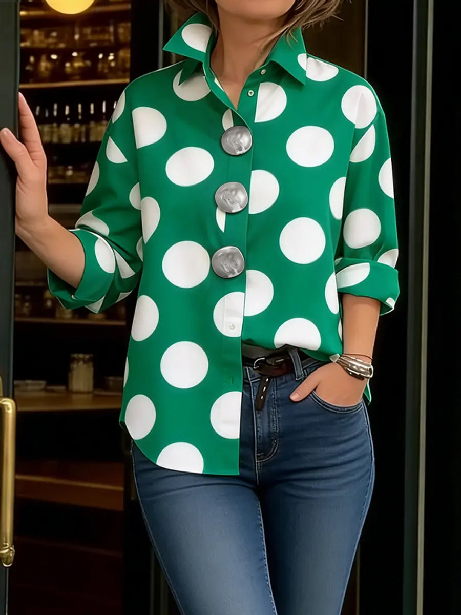 Buttoned Contrast Color Polka-Dot Long Sleeves Loose Lapel Blouses&shirts Tops
