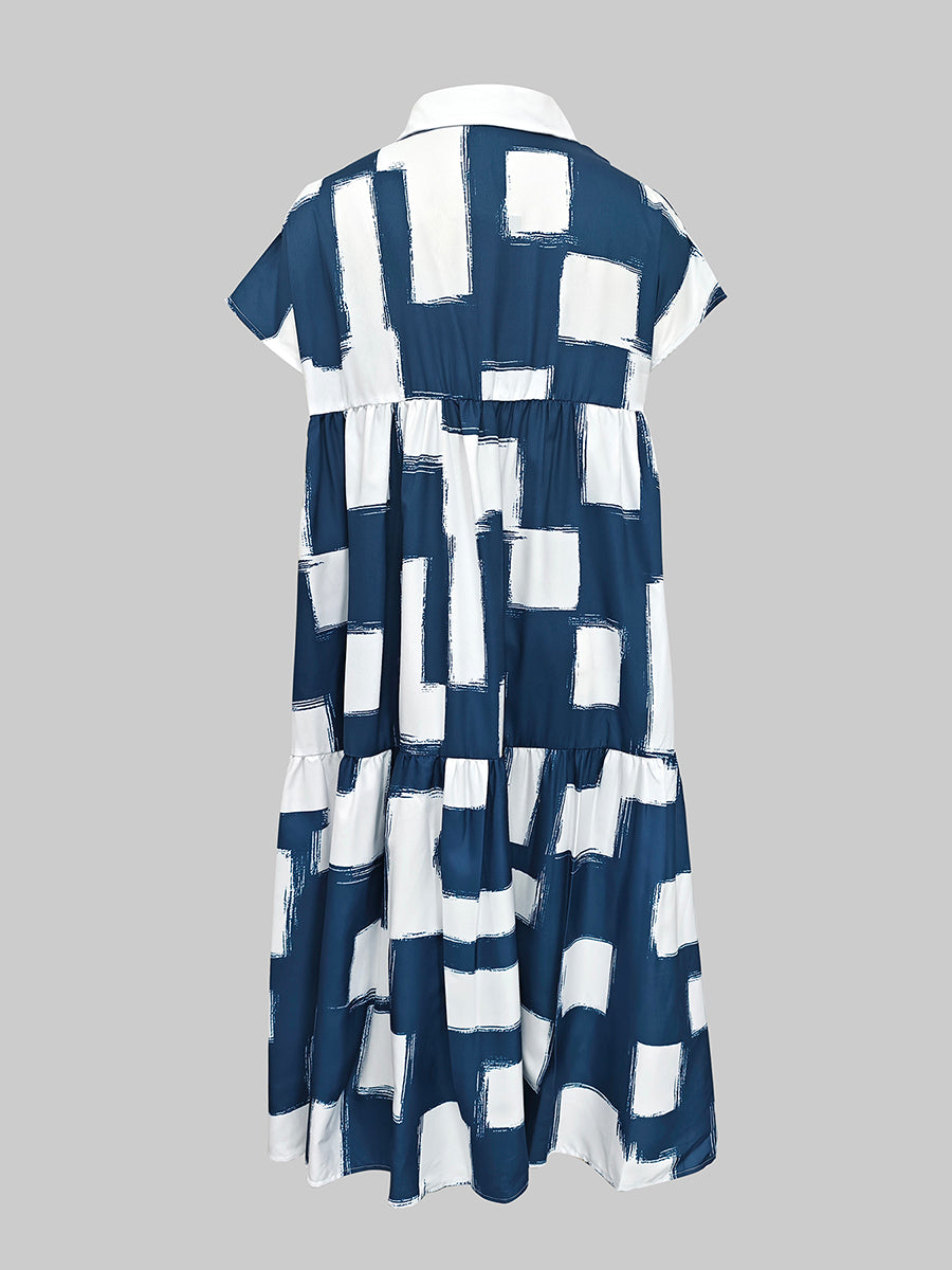 A-line High Waisted Buttoned Contrast Color Pleated Pockets Lapel Midi Dresses