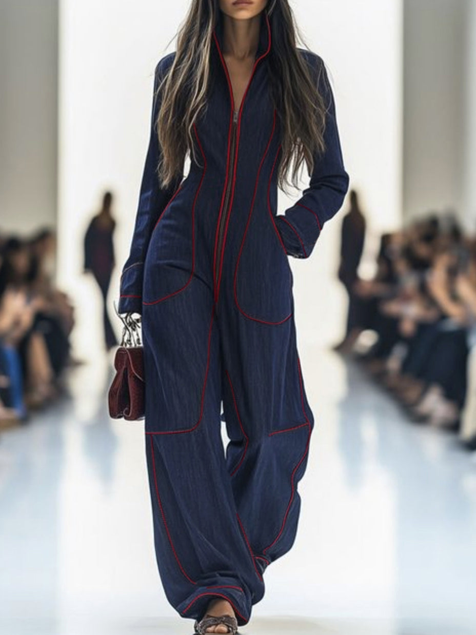 Zipper Long Sleeves Wide Leg Stand Collar Jumpsuits