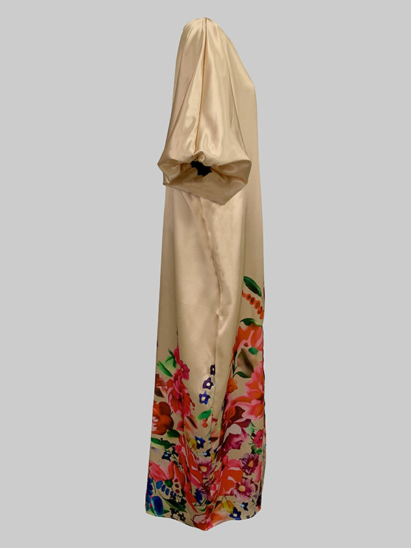 Elasticity Flower Print Split-Front A-Line Half Sleeves V-Neck Maxi Dresses