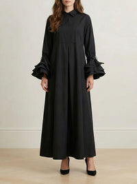 Pleated Solid Color Split-Joint Flared Sleeves Lapel Shirt Dress Maxi Dresses
