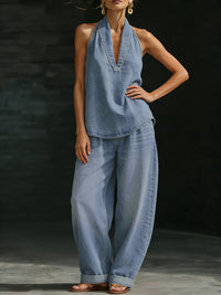 Loose Wide Leg Pockets Solid Color Jean Pants Bottoms