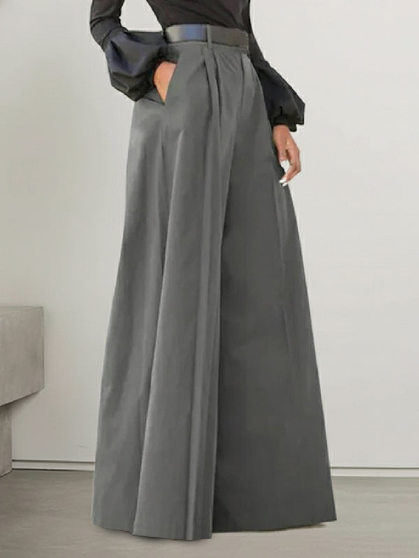 Pleated Solid Color Split-Joint High Waisted Loose Trousers Pants