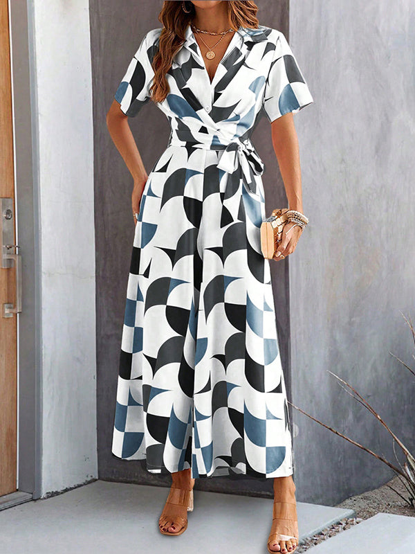 High Waisted Loose Buttoned Contrast Color Tied Waist V-Neck Jumpsuits
