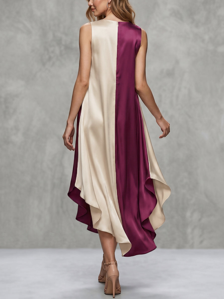 Contrast Color A-Line Loose V-Neck Midi Dresses