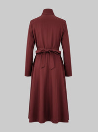 Buttoned Pockets Solid Color Split-Joint A-Line High Waisted Stand Collar Midi Dresses