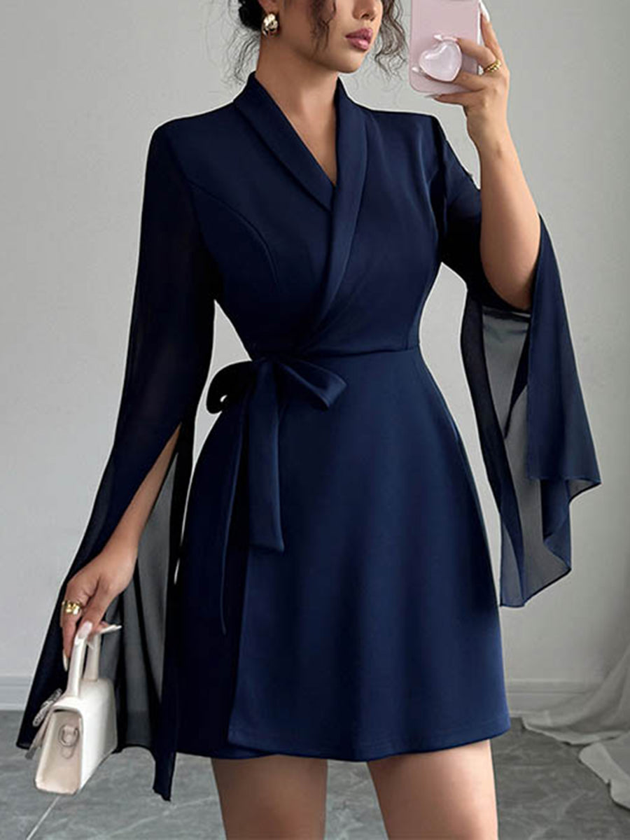 Interlace See-Through Solid Color Split-Joint Split-Side Tied Waist A-Line Elasticated Waist V-Neck Mini Dresses