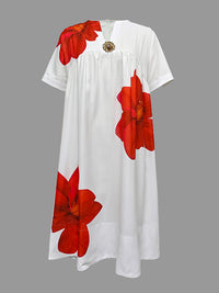 Flower Print Pleated A-Line Loose V-Neck Midi Dresses