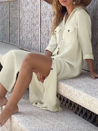 Long Sleeves Loose Buttoned Pockets Split-Side Lapel Maxi Dresses Shirt Dress