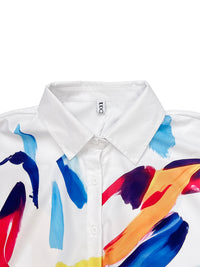 Long Sleeves Loose Buttoned Contrast Color Tied Lapel Blouses&Shirts Tops