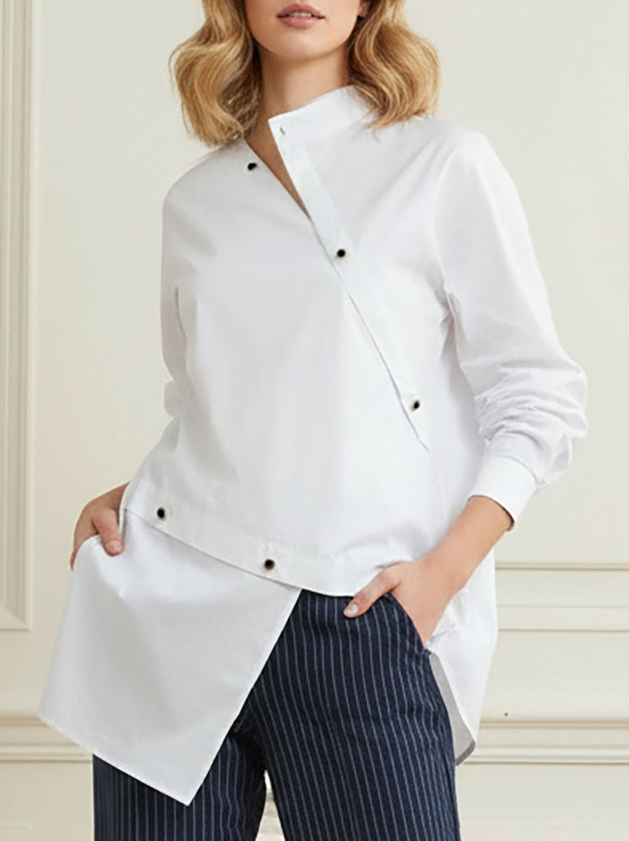 Long Sleeves Asymmetric Buttoned Split-Front Blouses&Shirts Tops