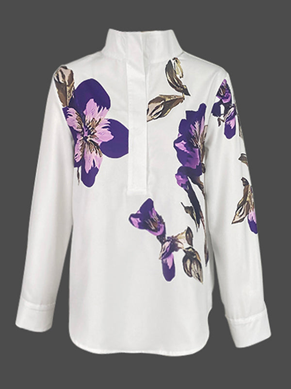 Flower Print Long Sleeves Loose Stand Collar Blouses&Shirts Tops