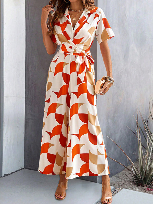 High Waisted Loose Buttoned Contrast Color Tied Waist V-Neck Jumpsuits