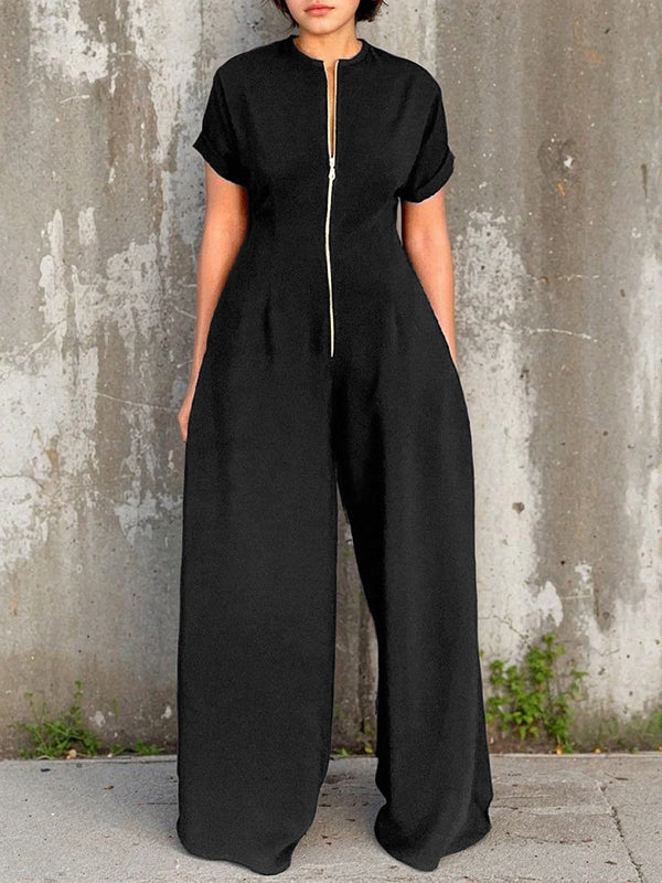 Short Sleeves Wide Leg Elasticity Split-Joint Zipper Round-Neck Jumpsuits