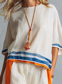 Striped Loose Three-quarter Sleeves Round-neck Blouses&shirts Tops