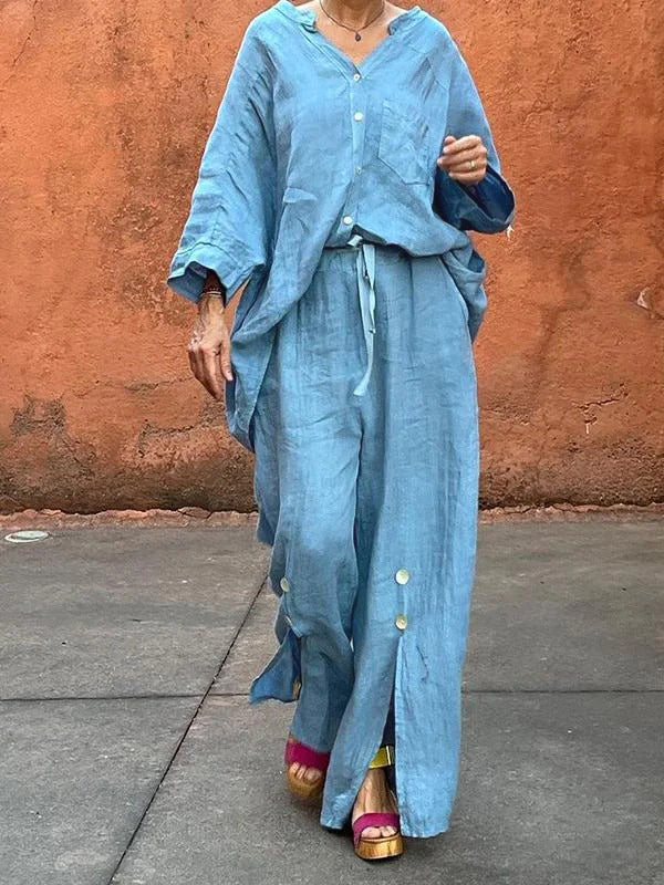 Loose Wide Leg Drawstring Solid Color Split-Front Split-Joint Pants Trousers