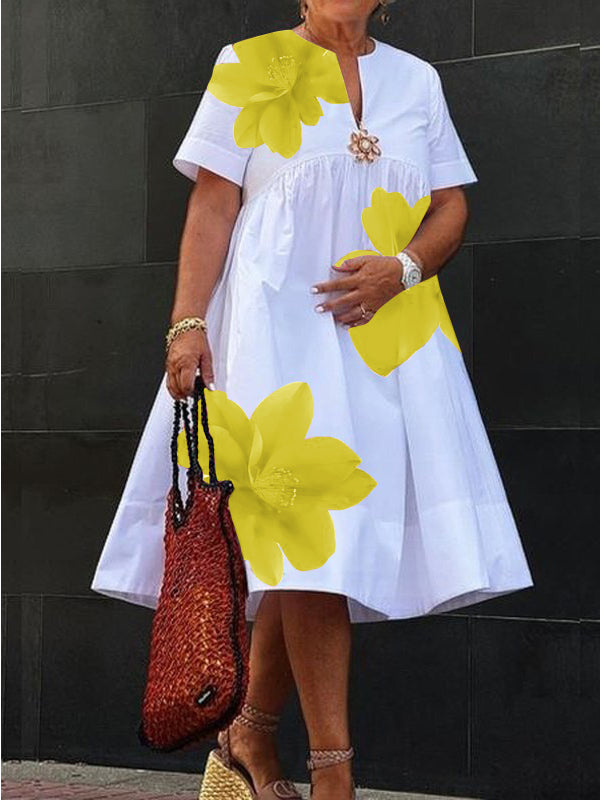 Flower Print Pleated A-Line Loose V-Neck Midi Dresses