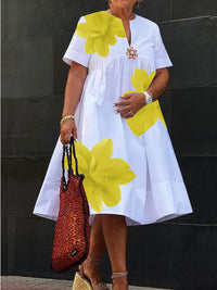 Flower Print Pleated A-Line Loose V-Neck Midi Dresses