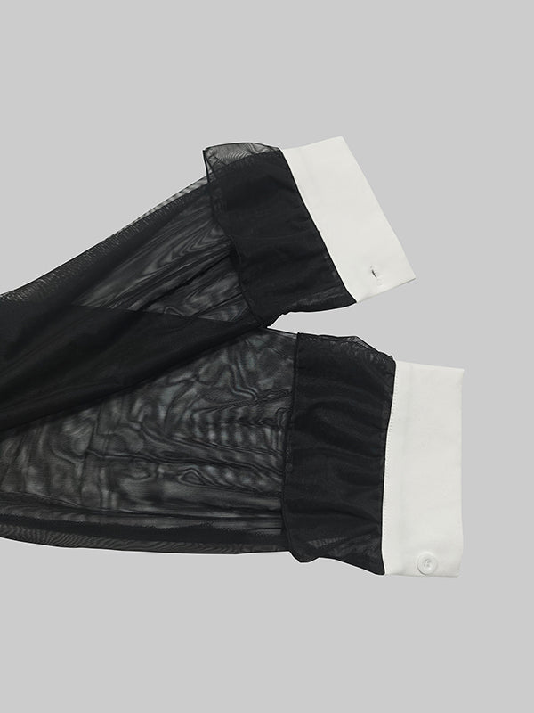 Buttoned See-Through Solid Color Split-Side Long Sleeves Lapel Shirt Dress Maxi Dresses