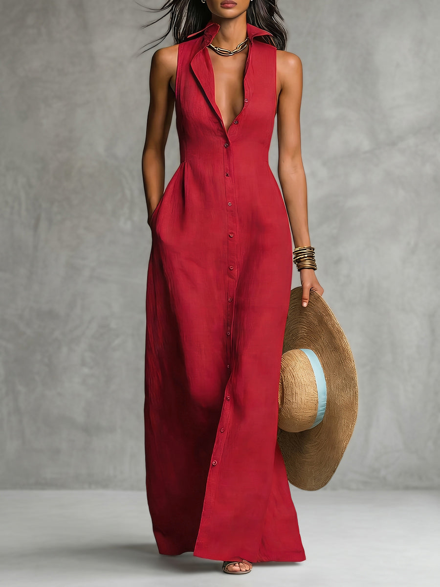 Buttoned Pockets Solid Color A-line High Waisted Lapel Shirt Dress Maxi Dresses