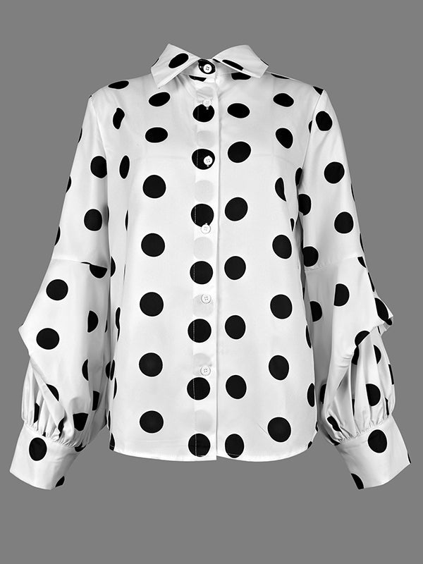 Buttoned Polka-Dot Split-Joint Long Sleeves Loose Lapel Blouses&shirts Tops