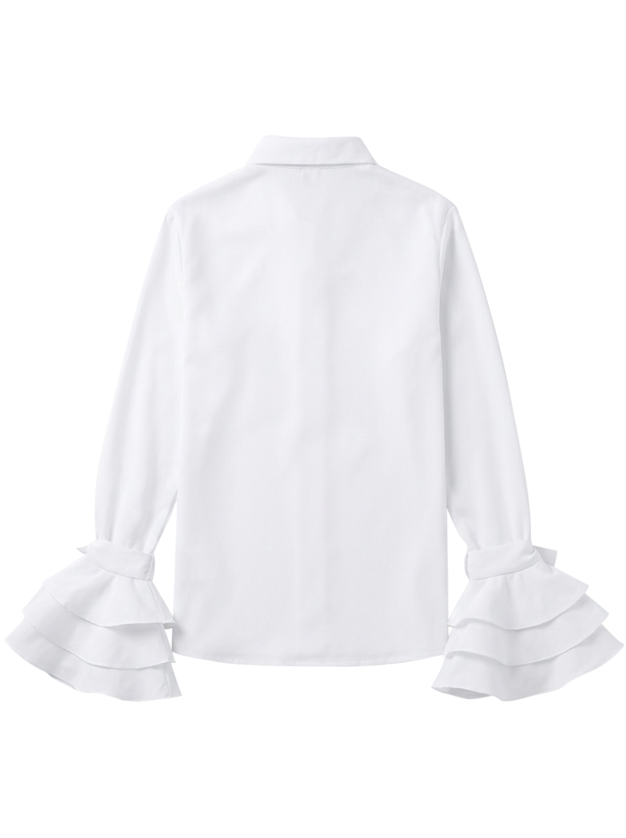 Flared Sleeves Bow-Embellished Falbala Solid Color Lapel Blouses&Shirts Tops