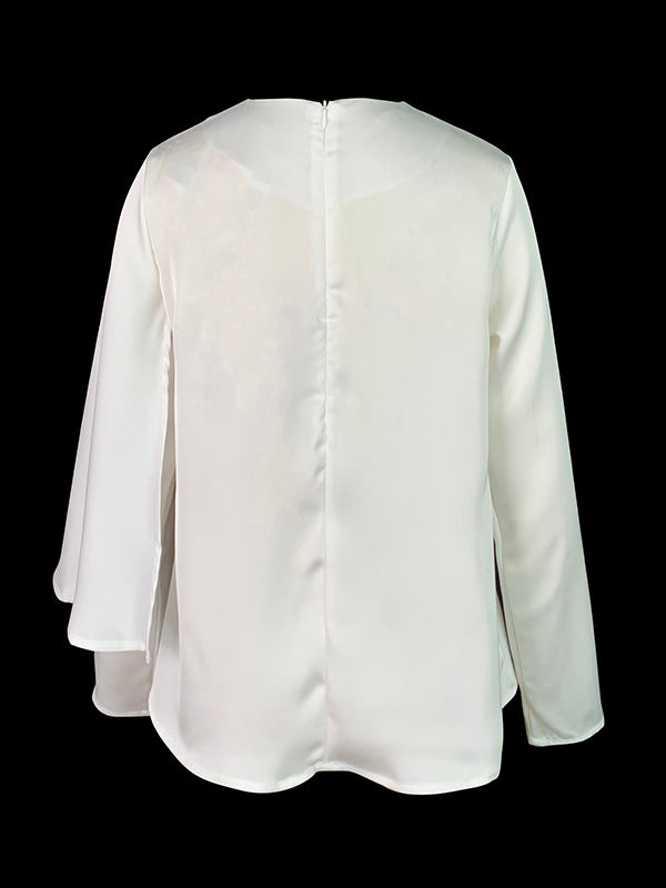 Asymmetric Solid Color Split-Joint Long Sleeves Loose Round-neck T-Shirts Tops