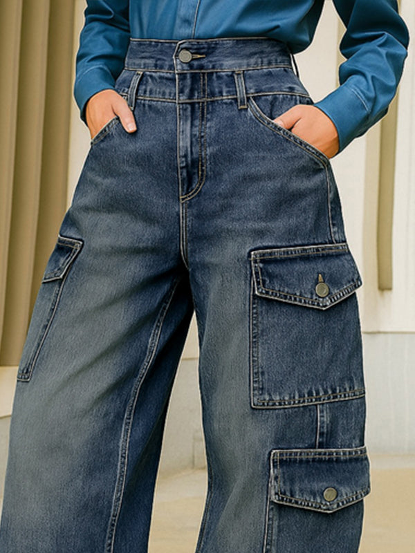 Buttoned Pockets Solid Color Split-Joint High Waisted Loose Jean Pants Bottoms