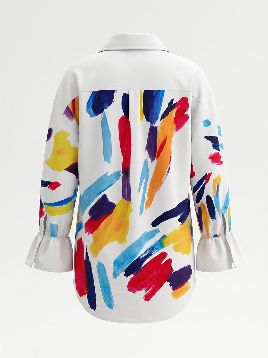 Long Sleeves Loose Buttoned Contrast Color Tied Lapel Blouses&Shirts Tops