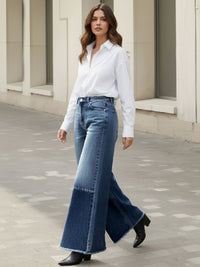 High Waisted Wide Leg Contrast Color Fringed Split-Joint Jean Pants Bottoms