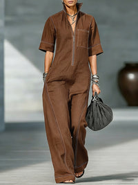 Pockets Solid Color Zipper Loose Short Sleeves Stand Collar Jumpsuits