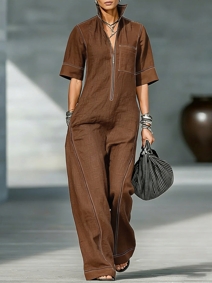 Pockets Solid Color Zipper Loose Short Sleeves Stand Collar Jumpsuits