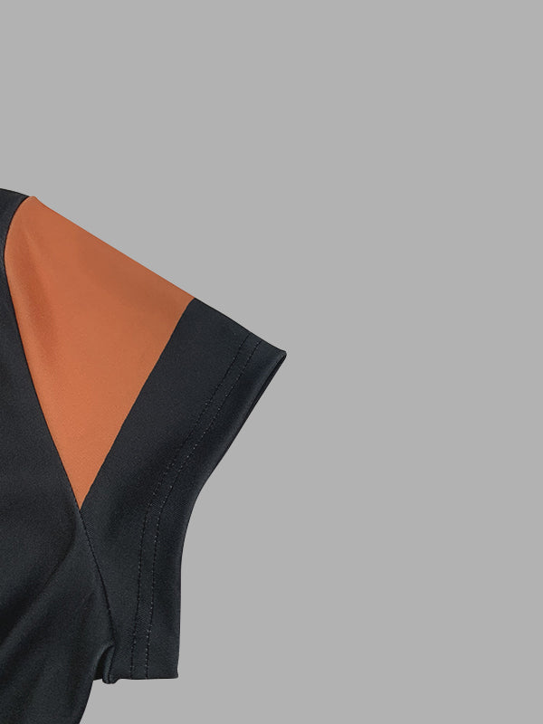 Colorful Contrast Color Hollow A-Line High Waisted V-Neck Maxi Dresses