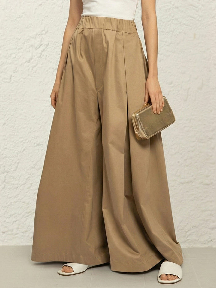 Elasticated Waist High Waisted Pleated Pockets Solid Color Pants