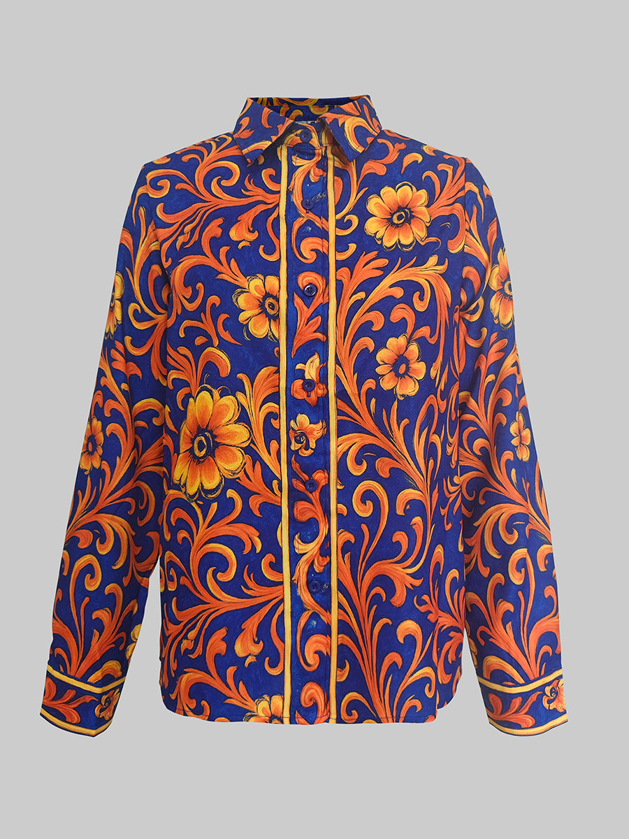Buttoned Flower Print Long Sleeves Lapel Blouses&Shirts Tops