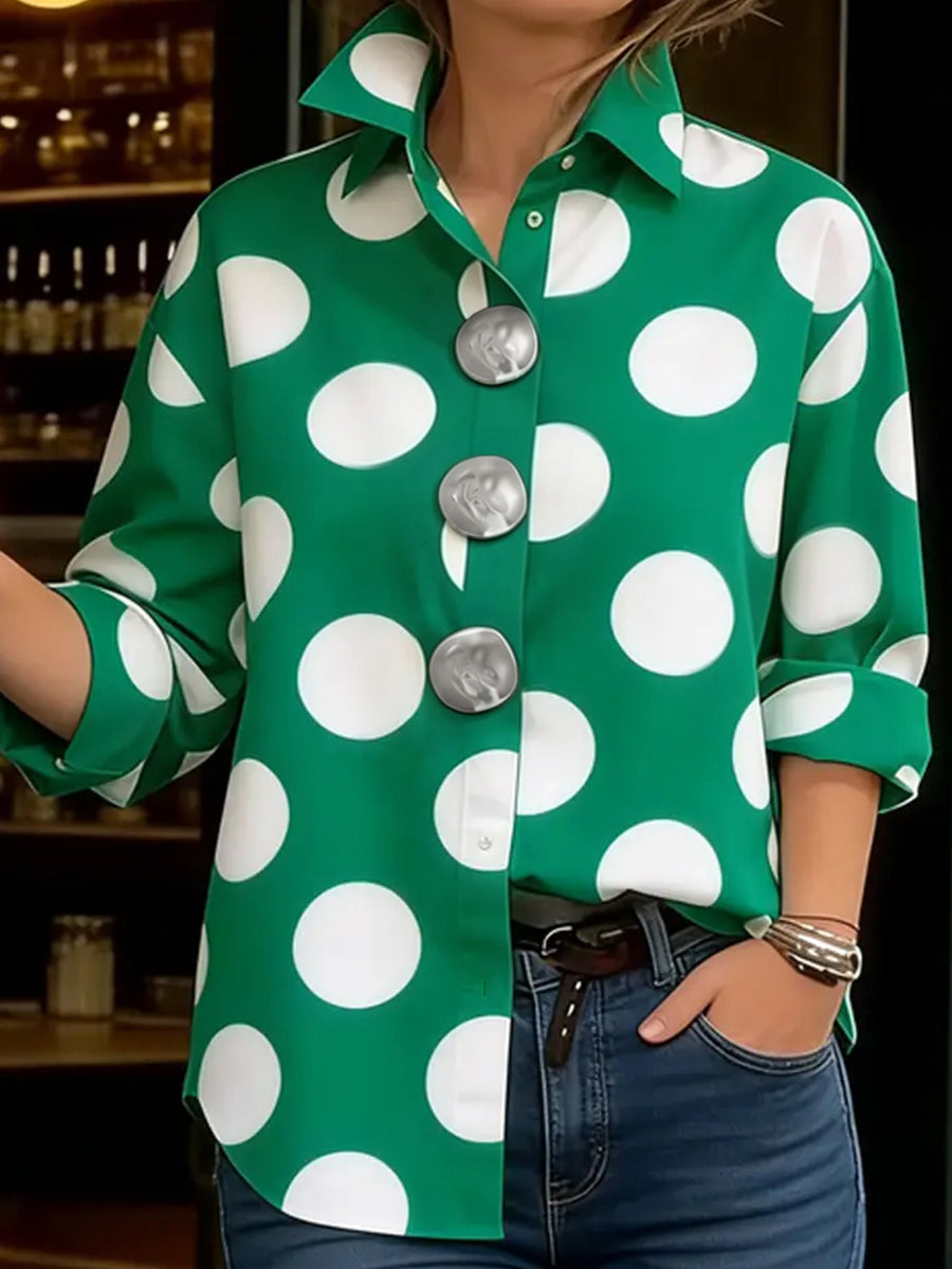 Buttoned Contrast Color Polka-Dot Long Sleeves Loose Lapel Blouses&shirts Tops