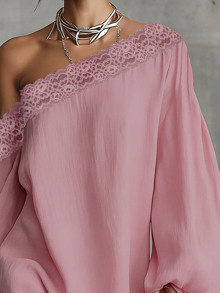 Solid Color Split-Joint Long Sleeves Loose One-shoulder Mini Dresses