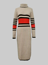 Contrast Color Striped Long Sleeves Skinny High Neck Sweater Dresses Midi Dresses