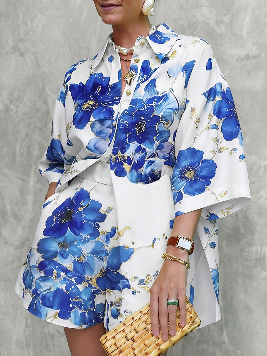 Buttoned Flower Print Loose Short Sleeves Lapel Blouses&Shirts Tops