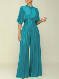 Half Sleeves High Waisted Pleated Solid Color Mock Neck Jumpsuits