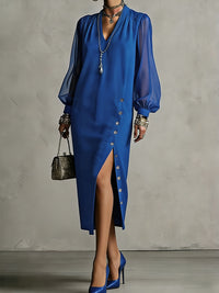Long Sleeves Puff Sleeves Buttoned Pleated Pockets Solid Color Split-Side V-Neck Midi Dresses